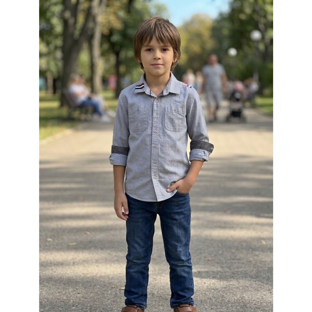 Yara Boys Gray Long Sleeve Button-Up Shirt, 100% Cotton Size 8-9Y (128 cm) NWOT
